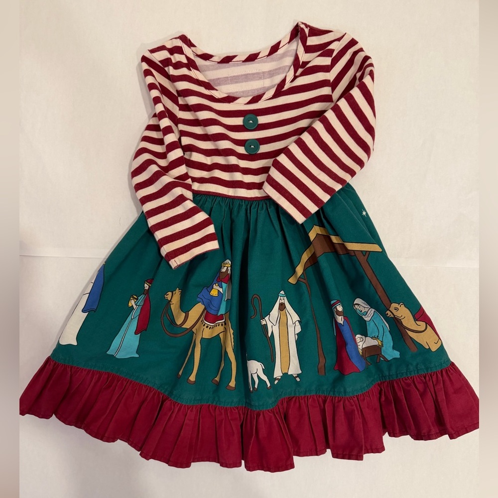 Eleanor Rose Striped Red and Green Dress with Nativity Scene